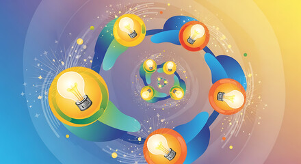 Obraz premium Creative lightbulb ideas swirling in a spiral with colorful glowing bulbs and sparks on a vibrant background