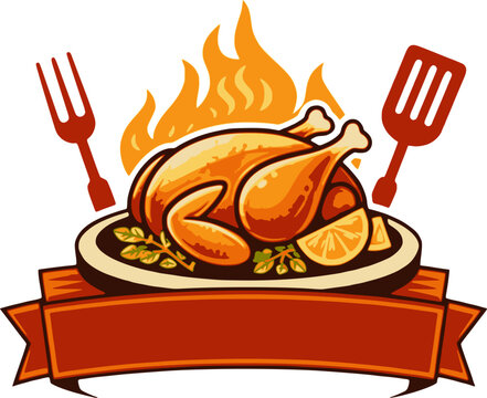 Logo featuring a whole roasted chicken on a platter, garnished with herbs and lemon, set against a backdrop of flames, with serving utensils and branding place