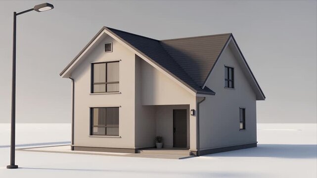 Modern Two-Story House Exterior Rendered In 3d Isolated On White Ground Under Street Lamp Static Daylight Scene