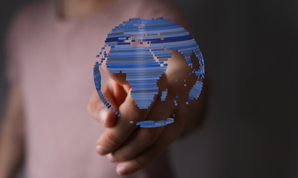 Person pointing at 3D Earth globe. Concept of global connection, technology, and innovation. Representing worldwide solu