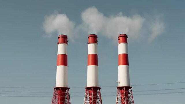 Industrial Smokestacks Emitting Smoke Against Blue Sky