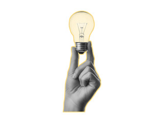 Hand holding light bulb halftone collage. Ideas trendy retro halftone collage element isolated on transparent background. © Design Shop