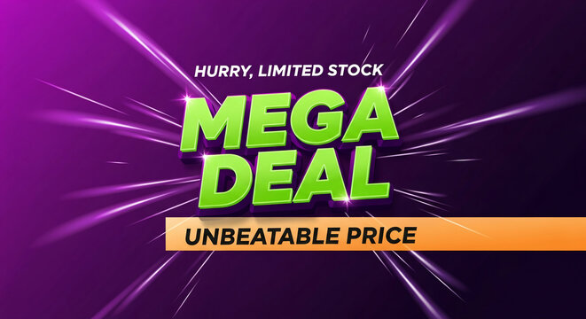 Image with green text mega deal and unbeatable price on a orange stripe, representing promotion, retail, and limited time offer, on a purple background
