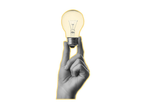 Hand holding light bulb halftone collage. Ideas trendy retro halftone collage element isolated on transparent background.