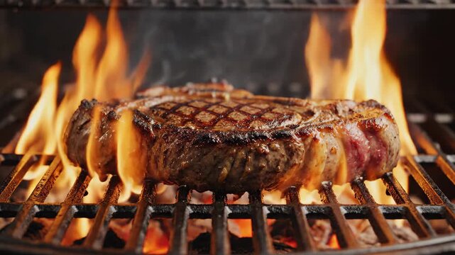 Close-up shot of a succulent, perfectly grilled ribeye steak on a hot barbecue grill with vibrant flames and smoke billowing, showcasing expert grilling techniques, culinary perfection, and 