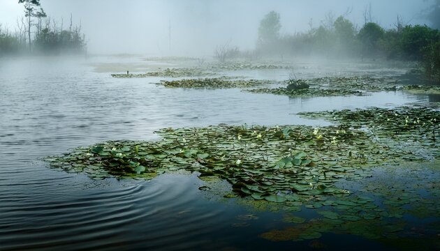 murky swamp water with floating lily pads and mist