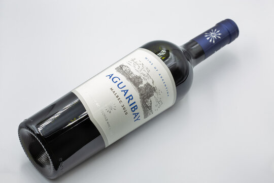 Aguaribay Malbec wine bottle from Argentina closeup on white.