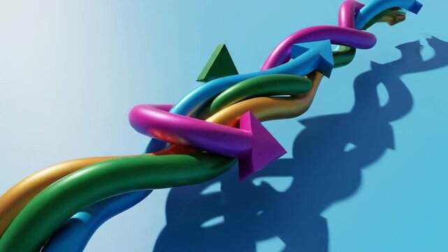Intertwined colorful arrows representing connection growth and complex interdependence visualizing business strategy and teamwork on a blue gradient background