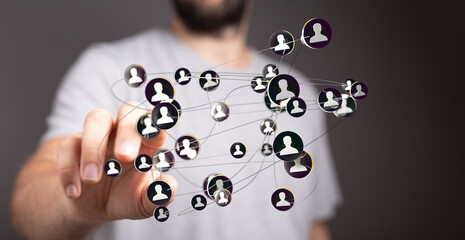 Concept of digital networking, global connections, data transfer, and communication illustrated with a hand interacting