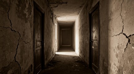 Fototapeta premium Old Abandoned Corridor with Cracked Walls and Doors