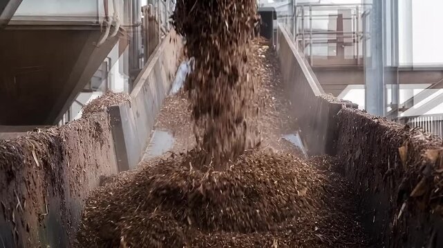 Dynamic View of Industrial Conveyor System Discharging Wood Chips in Bulk