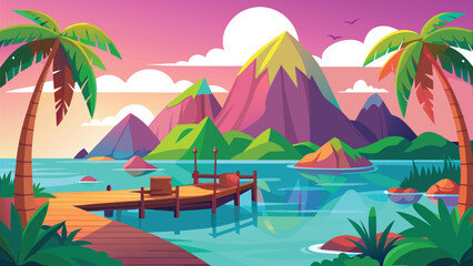 Tranquil tropical paradise with a small boat on a serene lagoon under colorful skies © CreativeKamrul