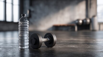 a black dumbbell and water bottle on the floor of an empty gym, gray walls background