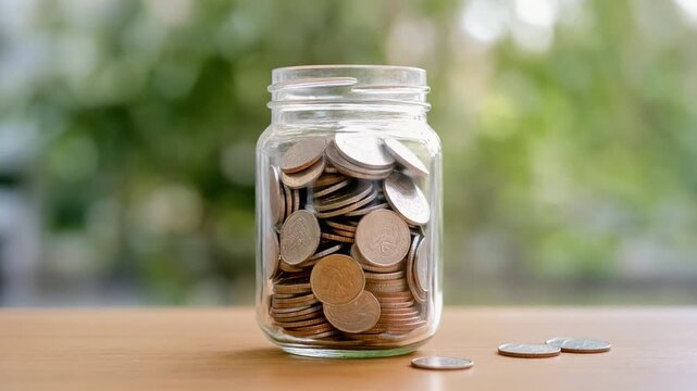 Slow-motion video of coins gradually filling a glass jar on a wooden table with a blurred green background