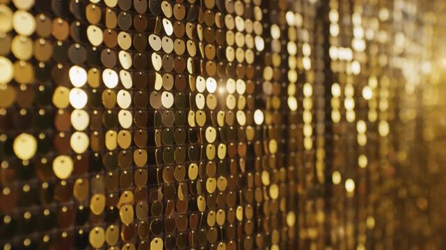 Panning video sequence of golden sequin wall creating a shimmering visual effect in close-up view