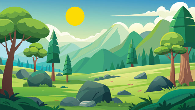 Vibrant landscape scene featuring a sunlit meadow surrounded by lush green trees and distant mountains