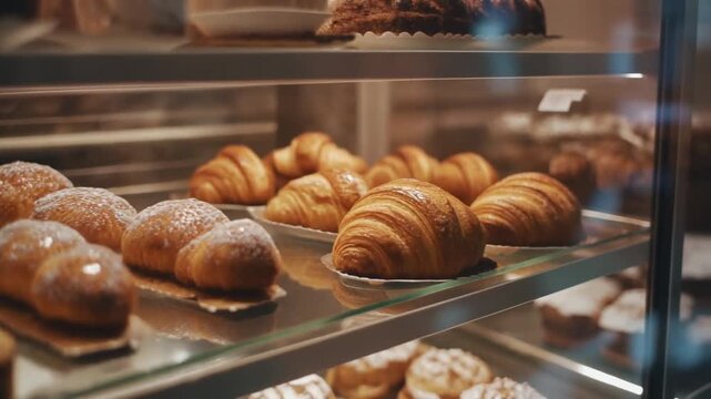 Panning video of pastries displayed on a bakery shelf with croissants and assorted baked goods