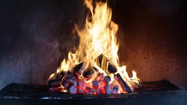 Roaring Fire Consuming Wood on a Grill Inside a Concrete Fireplace