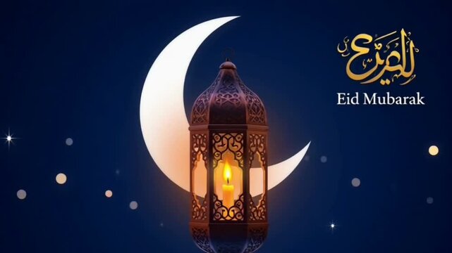 Mosque window at night and eid mubarak greeting near crescent and lantern. Ramadan kareem or Eid ul Fitr, ul Adha card background with fanous and moon.Ramazan and hari raya, muslim and islamic holiday