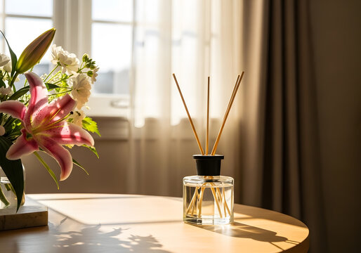 A reed diffuser and a vase of flowers on a table