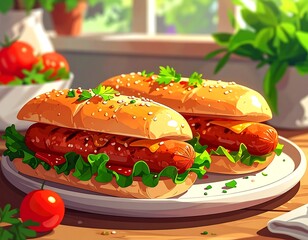 Two hotdogs topped with herbs and sesame seeds on a plate near tomatoes, a window, and potted plants