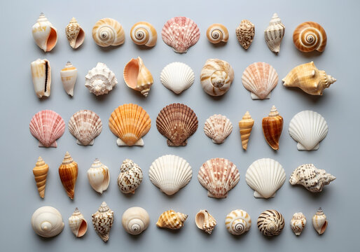 A collection of various seashells on a gray background