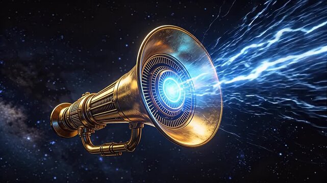 Golden retro speaker horn emitting blue lightning in deep space
