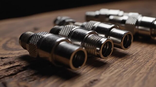 Close-up of metal connectors on a wooden surface.