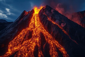 Fototapeta premium Majestic volcanic eruption produces flowing lava under a twilight sky