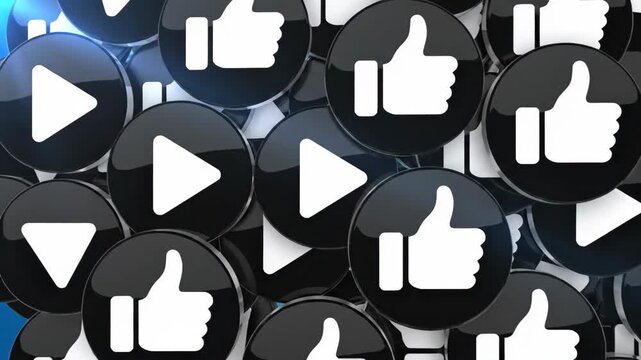 Likes and play button icons abstract pile seamless loop background for social media,video platforms and online engagement promotion
