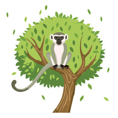 Cartoon monkey sitting in a tree against a white background © Ladu