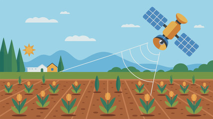 Satellite orbiting above agricultural field illustration.