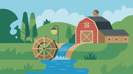 Red Barn with Water Wheel and Stream.