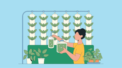 Woman Examining Plants in Vertical Garden Setup.