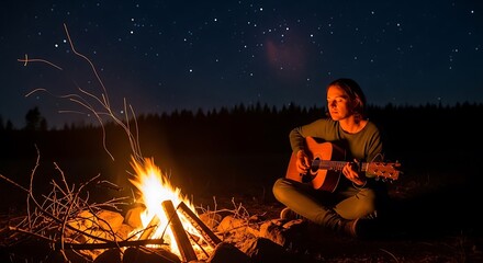 Naklejka premium Woman playing guitar by a campfire under starry night sky
