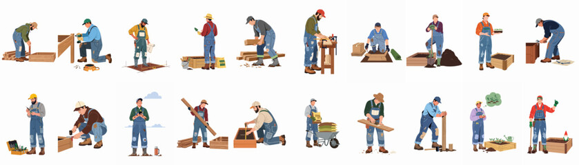 Men building, planting, and maintaining raised garden beds for home and urban gardening projects, showcasing DIY construction and horticultural activities.