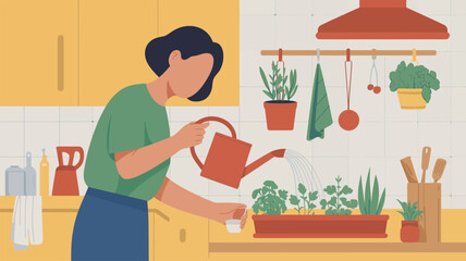 Woman Watering Plants in Kitchen Garden.