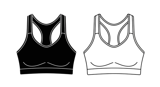 Black and white sports bras, athletic bra design, workout clothing Vector