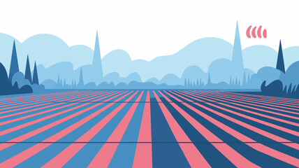 Futuristic Cityscape with Striped Ground Pattern.