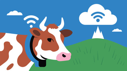Cow with wireless connection on green field.