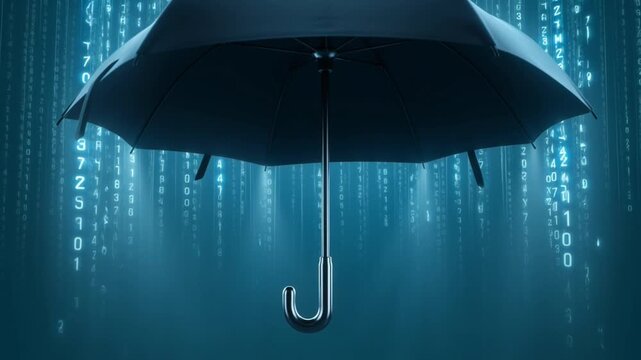 Umbrella Protection Cyber Security Dark Blue Binary Code Background for Cybersecurity