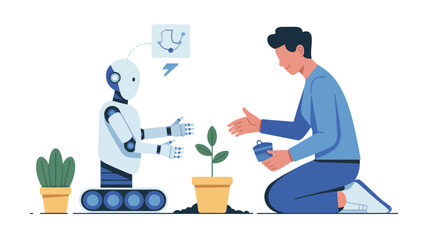 Man Interacting with Robot and Plants.