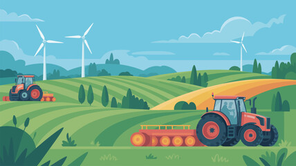 Tractors Farming in Green Field Landscape.