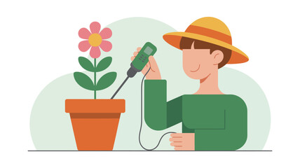 Man Watering Flower Pot with Green Watering Can.