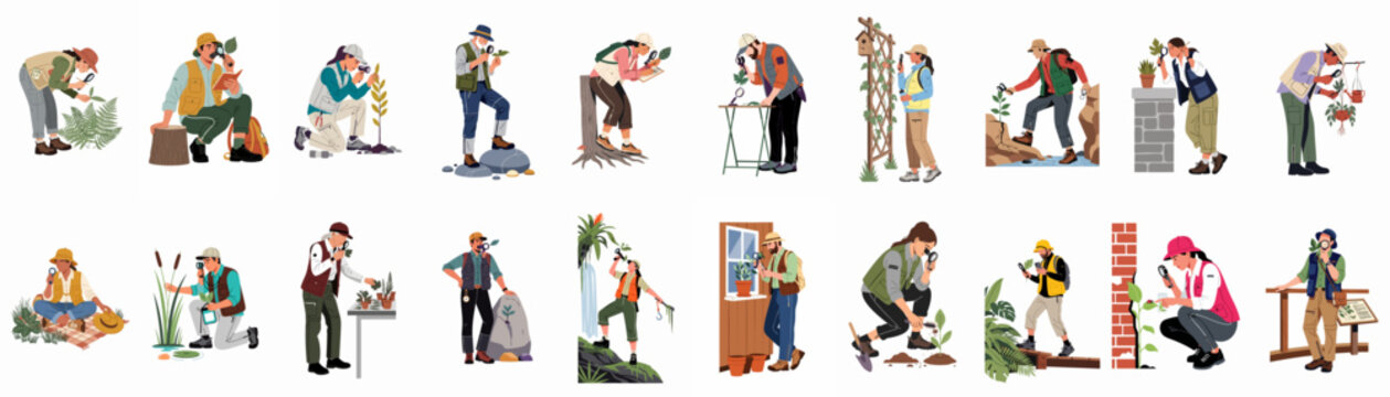 Botanists and Nature Enthusiasts Exploring Flora: A Collection of People Studying Plants, Observing with Magnifying Glasses, and Documenting Discoveries in Diverse Environments.