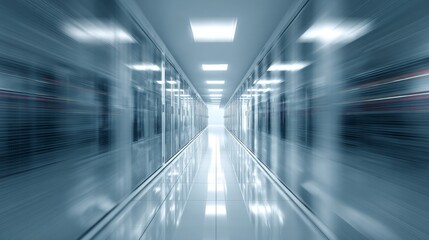 long, bright blue hallway with white and silver server cabinets 