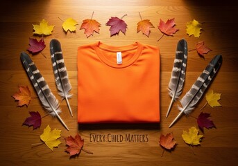 Orange shirt day concept with folded plain t shirt, autumn maple leaves, and feathers on wooden table. National day for truth and reconciliation.