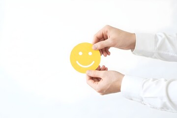 Minimalist Hands Holding Yellow Smile Circle, Symbolizing Positive Mental Health in Sunlight Atmosphere, Ultra-High Resolution Photography