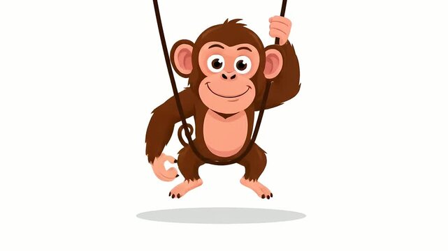 Playful and cute cartoon monkey character swinging happily on a jungle liana. This cheerful primate is isolated on a white background