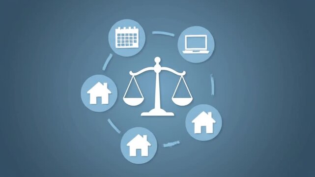 A dynamic 2D animation featuring a central scale (justice scales) surrounded by rotating icons representing work (laptop, calendar) and home life (house, phone). This visual metaphor illustrates the c